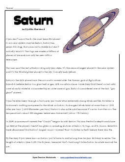 Saturn Article & Questions Space Worksheet