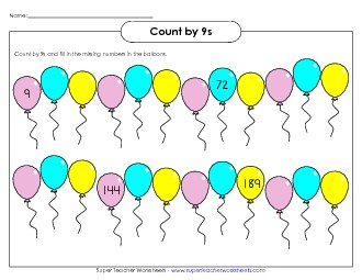 Balloons - Count By 9s Counting Worksheet