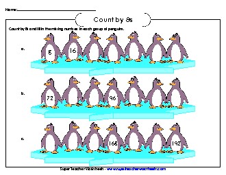 Penguins - Count By 8s Free Counting Worksheet