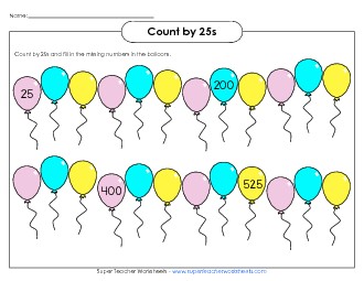 Balloons - Count by 25s Counting Worksheet