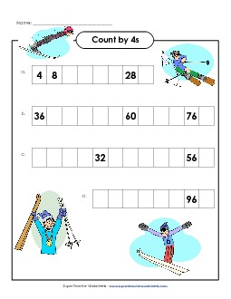 Skiing - Count by 4s Free Counting Worksheet