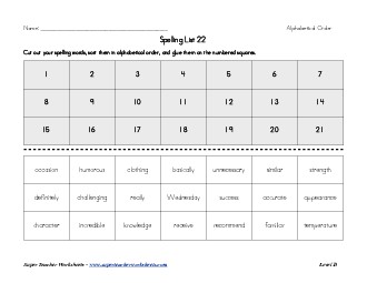 List 22:  ABC Order Spelling Worksheet