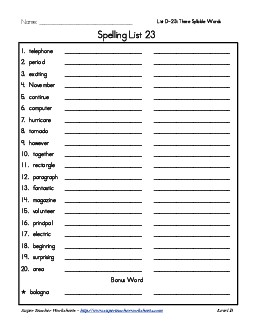 List 23: Word List Spelling Worksheet