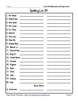 List 24: Word List Spelling Worksheet