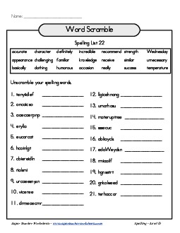 List 22: Word Scramble Spelling Worksheet