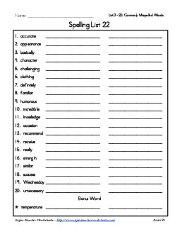 List 22: Word List Spelling Worksheet