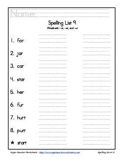 List 9: Word List Spelling Worksheet