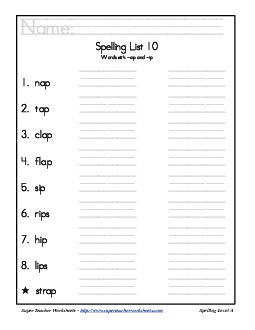 List 10: Word List Spelling Worksheet