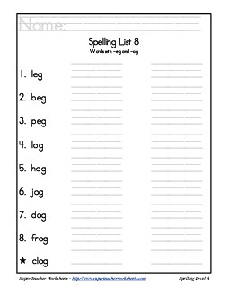 List 8: Word List Spelling Worksheet