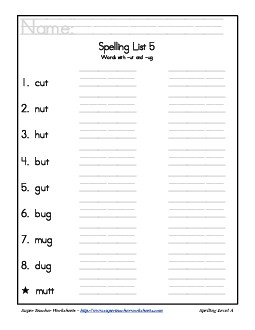 List 5: Word List Spelling Worksheet