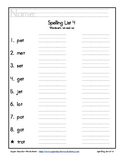 List 4: Word List Spelling Worksheet