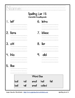 List 15: Word Scramble Spelling Worksheet