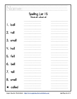 List 15: Word List Spelling Worksheet