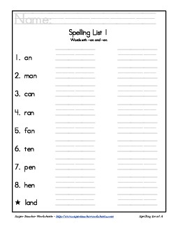 List 1: Word List Free Spelling Worksheet