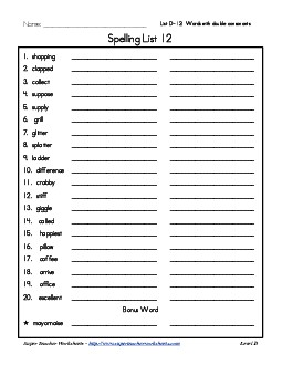 List 12: Word List Spelling Worksheet