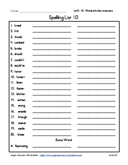 List 10: Word List Spelling Worksheet