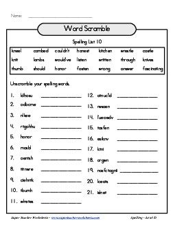 List 10: Word Scramble Spelling Worksheet