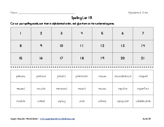 List 18:  ABC Order Spelling Worksheet