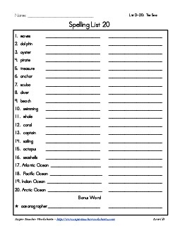 List 20: Word List Spelling Worksheet