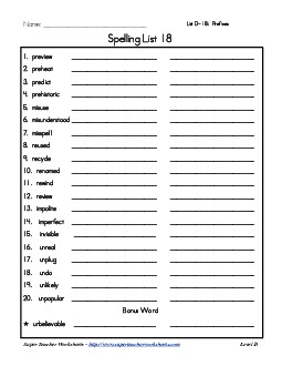 List 18: Word List Spelling Worksheet