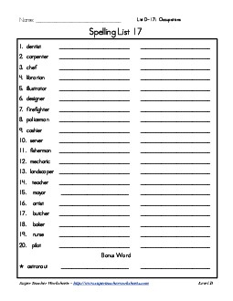 List 17: Word List Spelling Worksheet