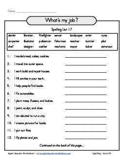 List 17: What's my job? Spelling Worksheet