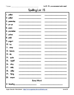 List 15: Word List Spelling Worksheet