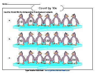 Penguins - Count by 10s Counting Worksheet