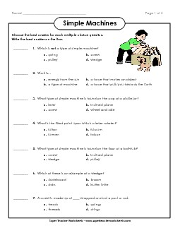 Simple Machines: Multiple Choice Worksheet