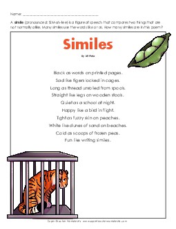 Similes (Poem) Reading Comprehension Worksheet