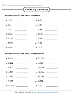 Decimal Rounding - Tenths and Hundredths Worksheet