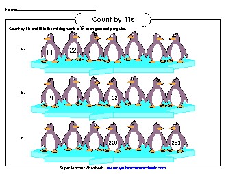 Penguins: Count By 11s Free Counting Worksheet