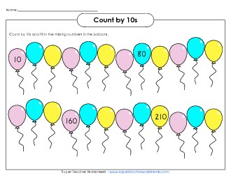 Balloons - Count by 10s Counting Worksheet