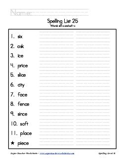 List 25: Word List Spelling Worksheet