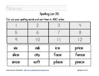 List 25:  ABC Order Spelling Worksheet