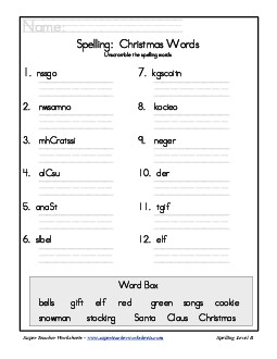 Holiday List - Christmas: Unscramble Spelling Worksheet