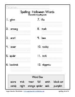 Holiday List - Halloween: Unscramble Spelling Worksheet