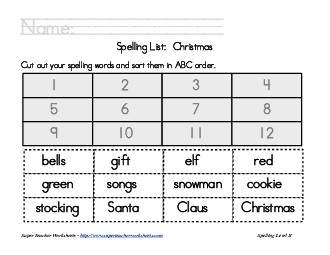 Holiday List - Christmas: ABC Order Spelling Worksheet