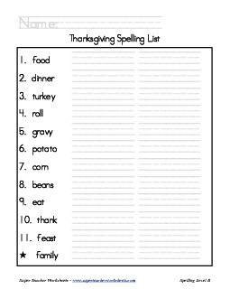 Holiday List - Thanksgiving Spelling Worksheet