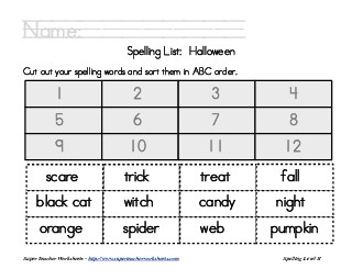 Holiday List - Halloween: ABC Order Spelling Worksheet