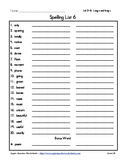 List 6: Word List Spelling Worksheet