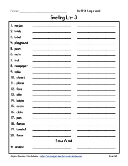 List 3: Word List Spelling Worksheet