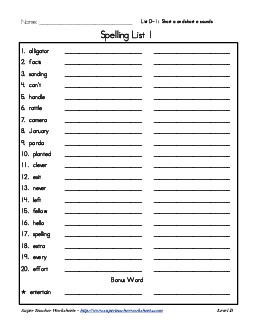 List 1: Word List Free Spelling Worksheet