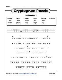 List 1: Cryptogram Puzzle Free Spelling Worksheet