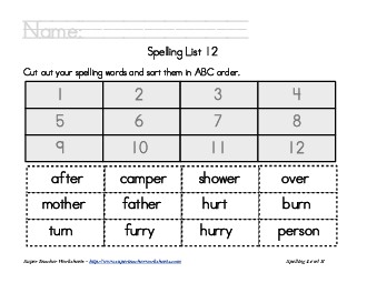 List 12:  ABC Order Spelling Worksheet