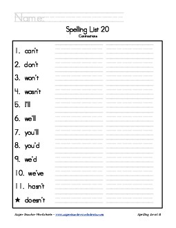 List 20: Word List Spelling Worksheet