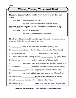 This, That, These, and Those Pronouns Worksheet