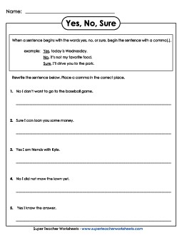 Commas - Yes and No Punctuation Worksheet