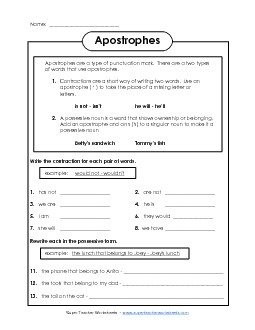 Apostrophe Worksheet Punctuation Worksheet