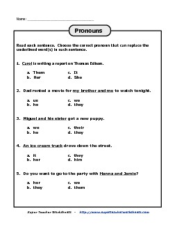 Pronouns: Multiple Choice Worksheet